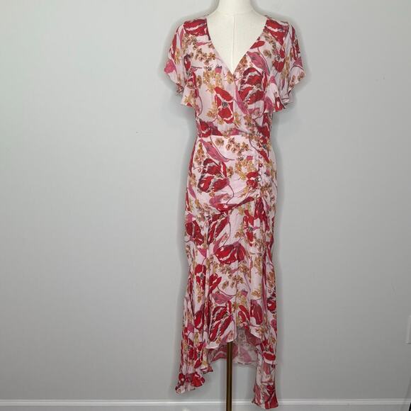 Parker Viva Pink Floral Silk Flutter Sleeve Midi Dress Womens Size 6 - Picture 1 of 9